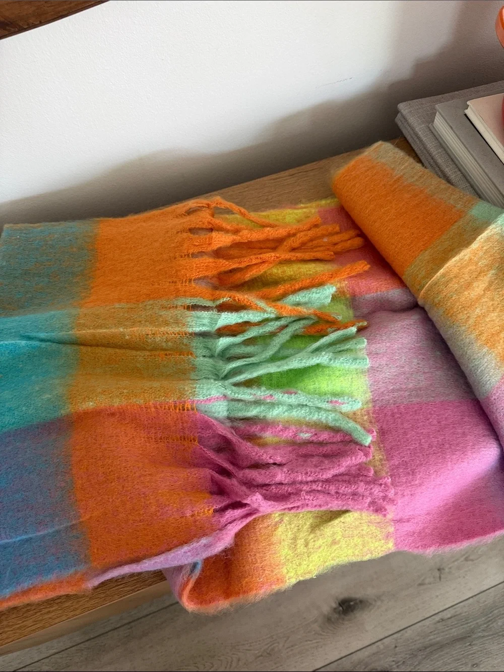 Plaid chunky Pastel Wrap Scarf in Orange & Mint